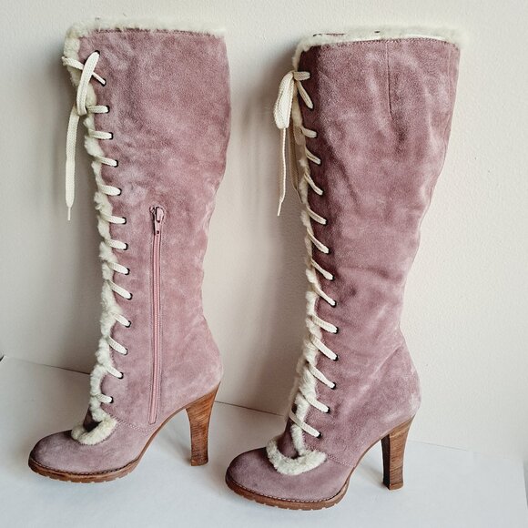 Marc Jacobs Castoro Fur Lined Lace up Pink Suede Boots